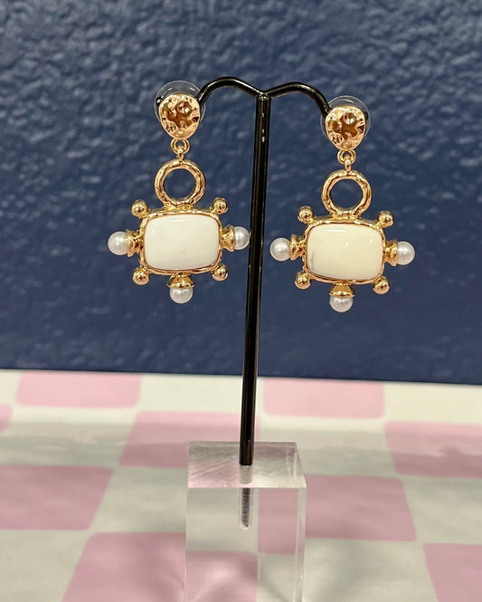 Rectangle White &  Pearl Gold Studs