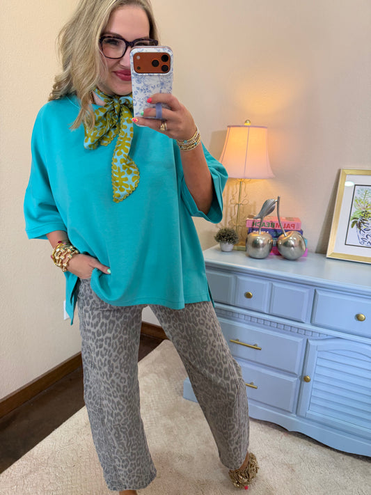 Turquoise Round Neck Scuba With Side Slits