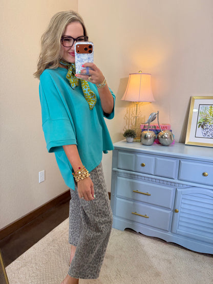 Turquoise Round Neck Scuba With Side Slits