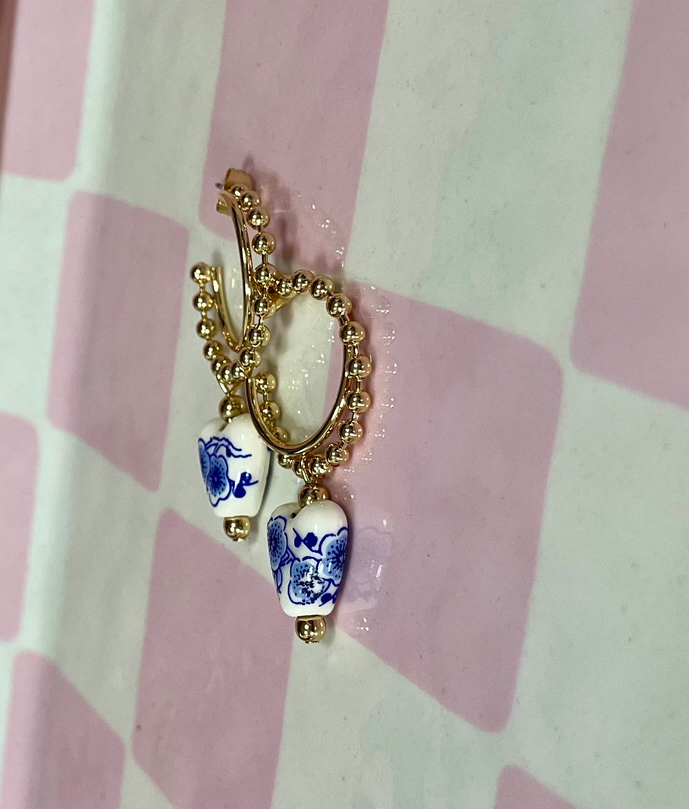 Gold Bead Hoops with Blue & White Heart