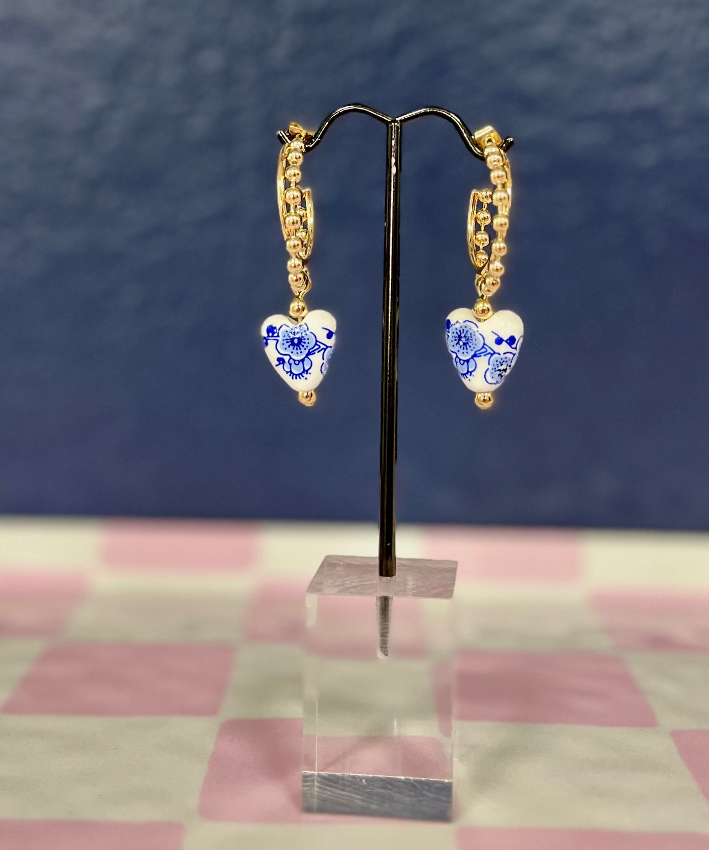 Gold Bead Hoops with Blue & White Heart