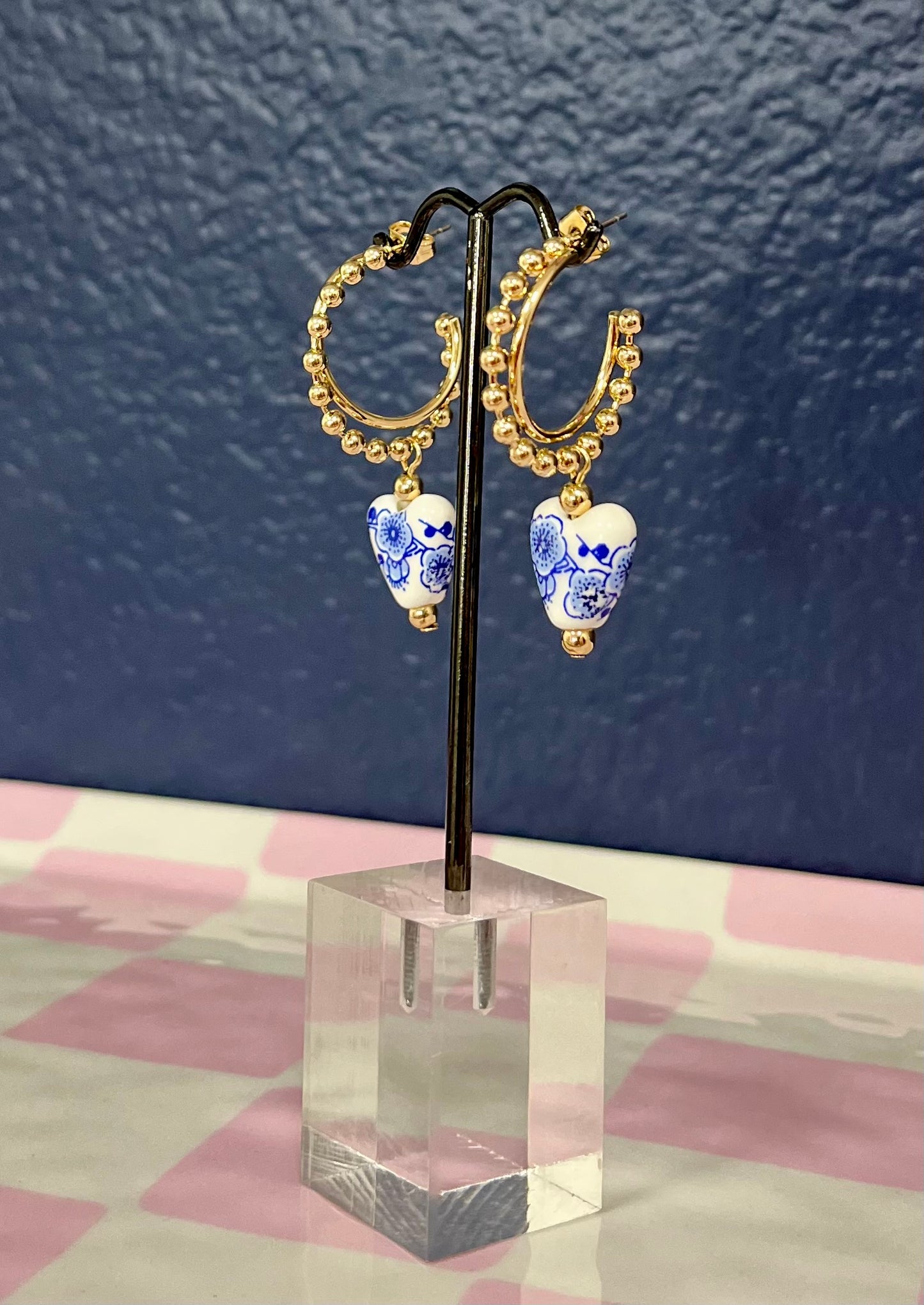 Gold Bead Hoops with Blue & White Heart