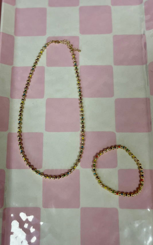 Muliti Colored & Gold Mini Bead Necklace and Bracelet Set