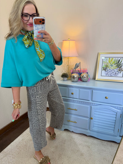 Turquoise Round Neck Scuba With Side Slits