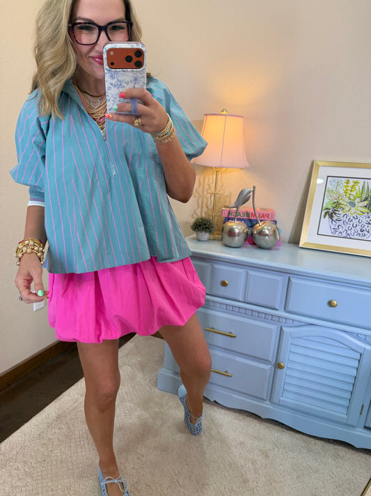 Dusty Blue Mock Neck Band Puff Sleeve Blouse