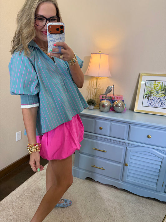 Dusty Blue Mock Neck Band Puff Sleeve Blouse