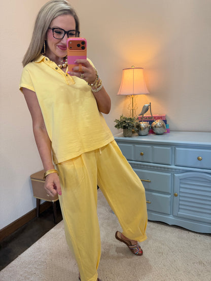 Yellow Collared Button Up Comfy Pant Set