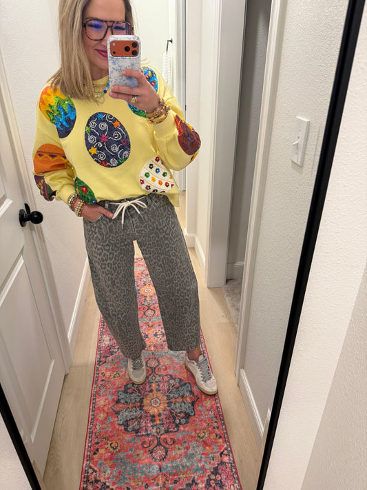 Vervet High Rise Drawstring Grey Leopard Barrel Jeans