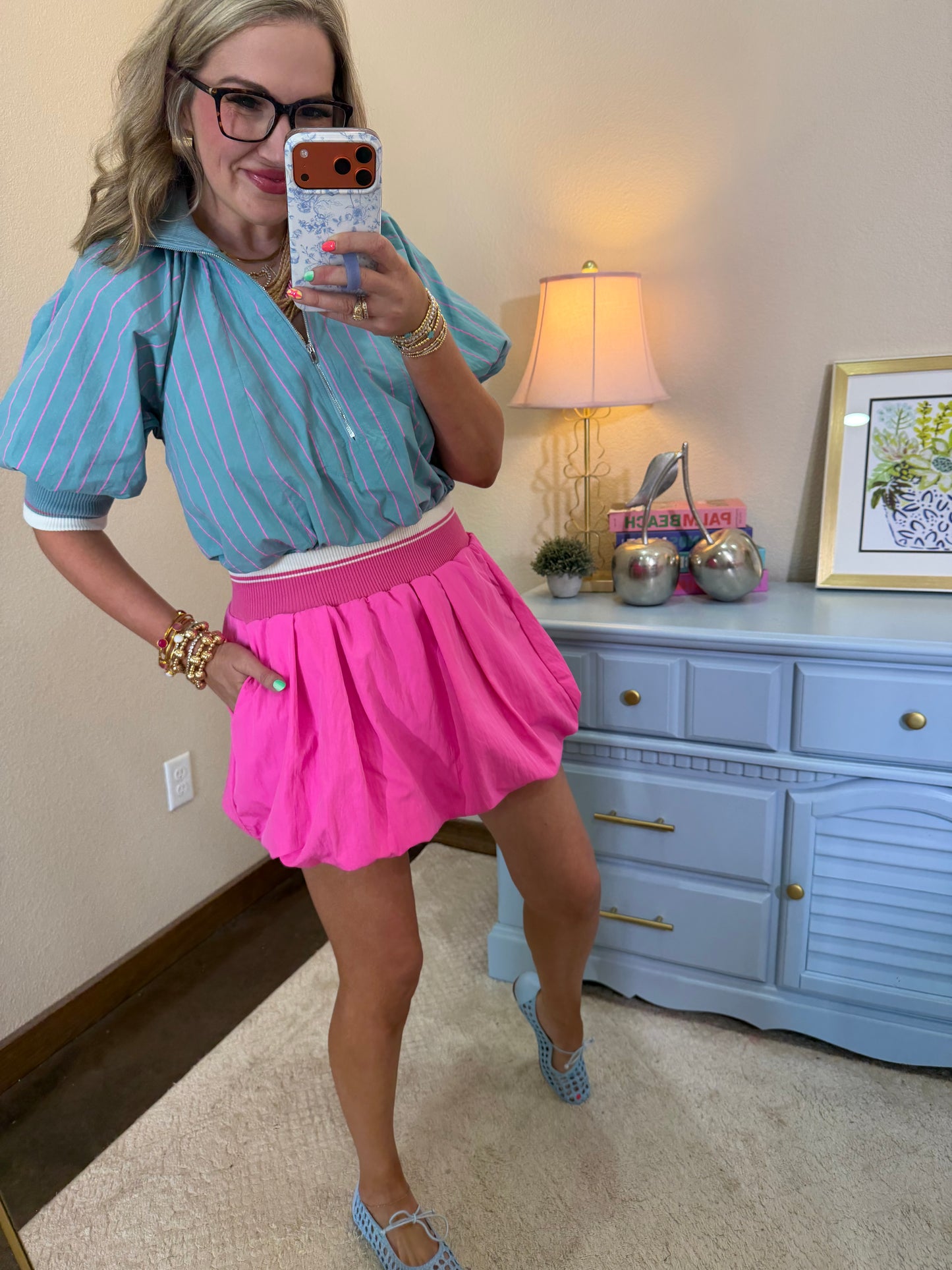 Hot Pink Waist Rib Band Bubble Skort