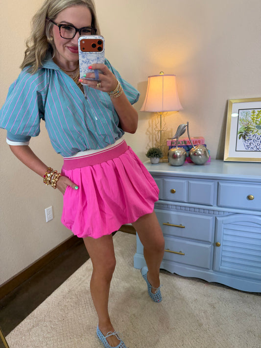 Hot Pink Waist Rib Band Bubble Skort
