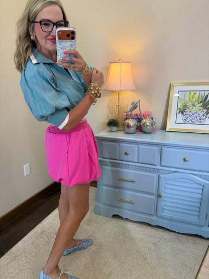 Hot Pink Waist Rib Band Bubble Skort