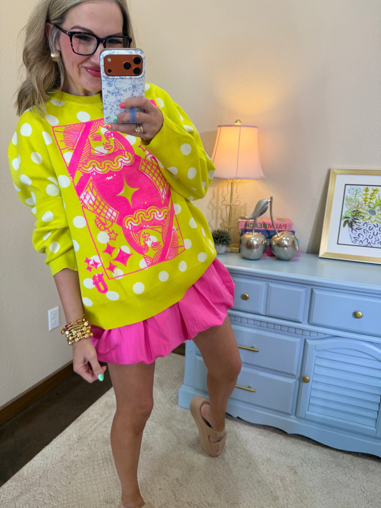 Queen Of Sparkles Lime Green and Pink Polka Dot Card Logo Sweater