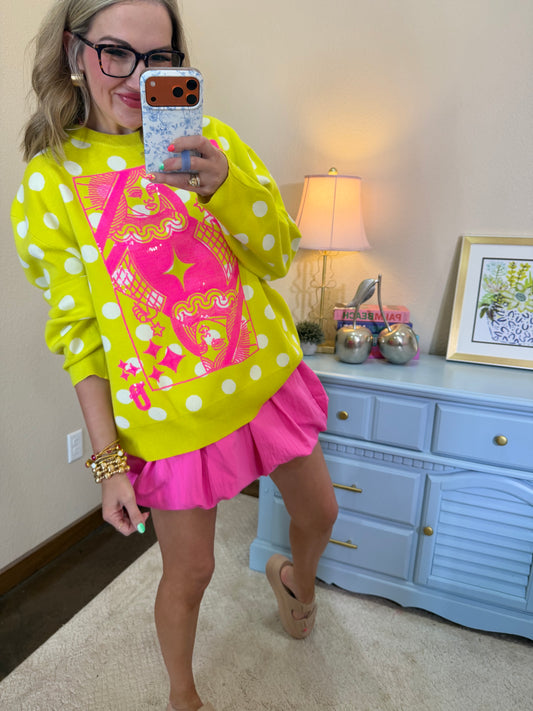 Queen Of Sparkles Lime Green and Pink Polka Dot Card Logo Sweater
