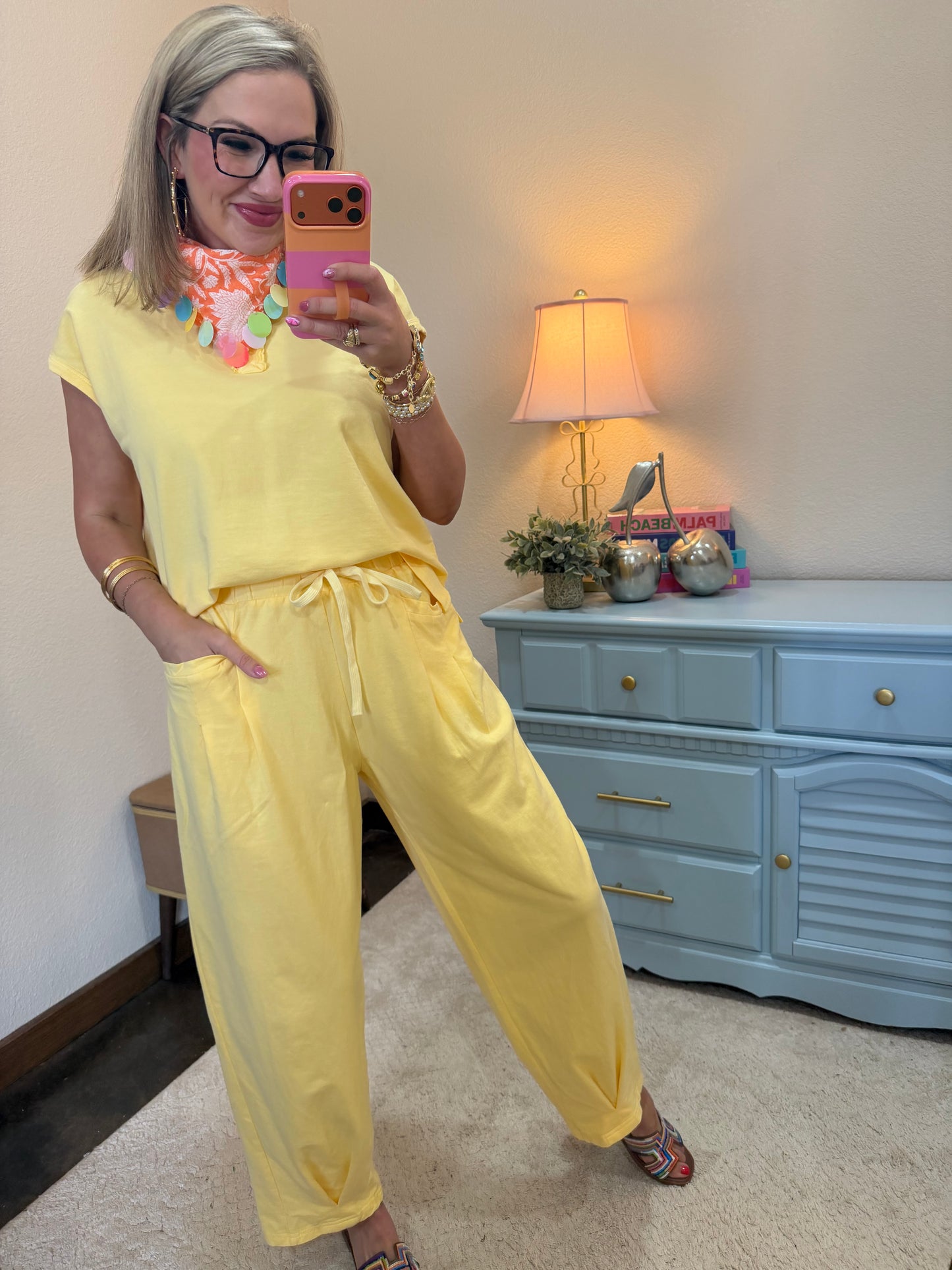 Yellow Collared Button Up Comfy Pant Set