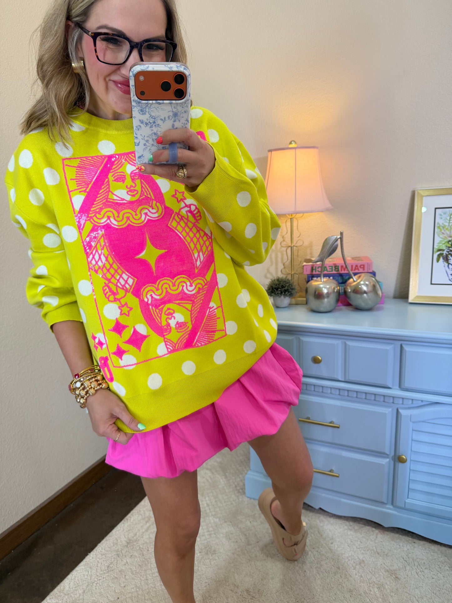 Queen Of Sparkles Lime Green and Pink Polka Dot Card Logo Sweater