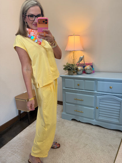 Yellow Collared Button Up Comfy Pant Set