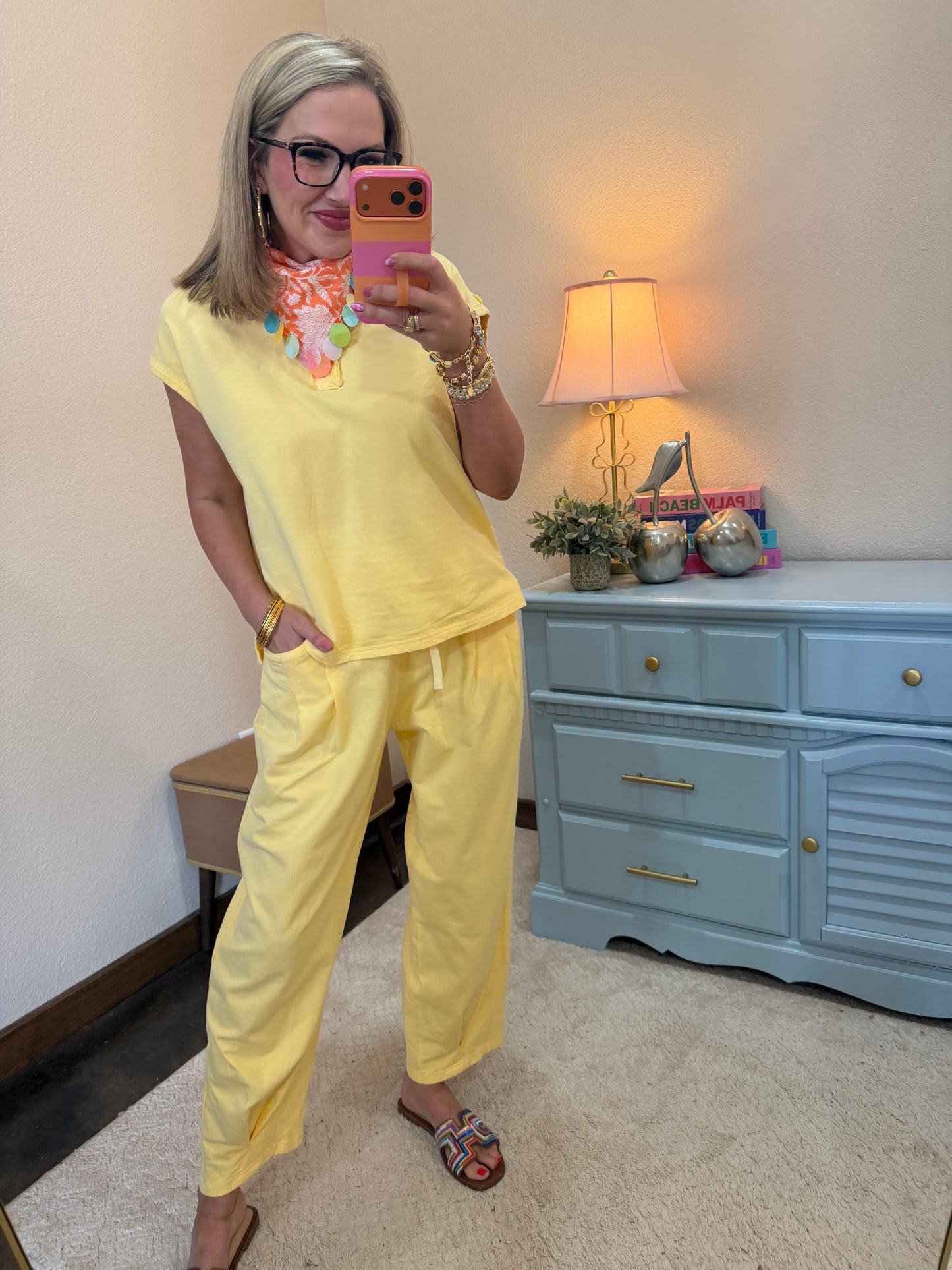 Yellow Collared Button Up Comfy Pant Set