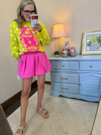 Queen Of Sparkles Lime Green and Pink Polka Dot Card Logo Sweater