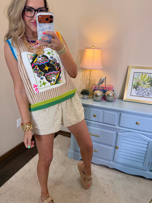 Queen of Sparkles Ivory Rainbow Trim QOS Card Crochet Tank