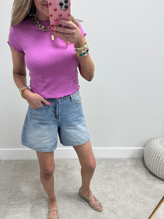 Mauve Cotton Lettuce Trim Crop Short Sleeve