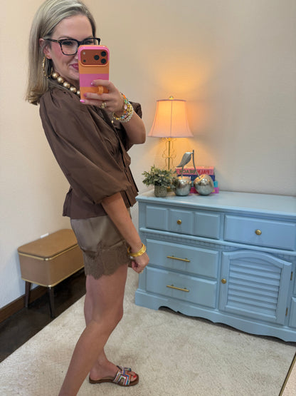 Brown High Neck With Bow Pleated Top