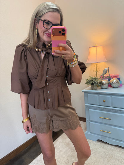 Brown High Neck With Bow Pleated Top