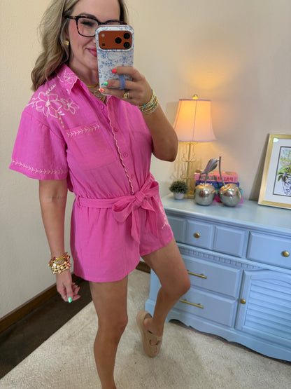 Bubble Gum Pink Embroidered Romper