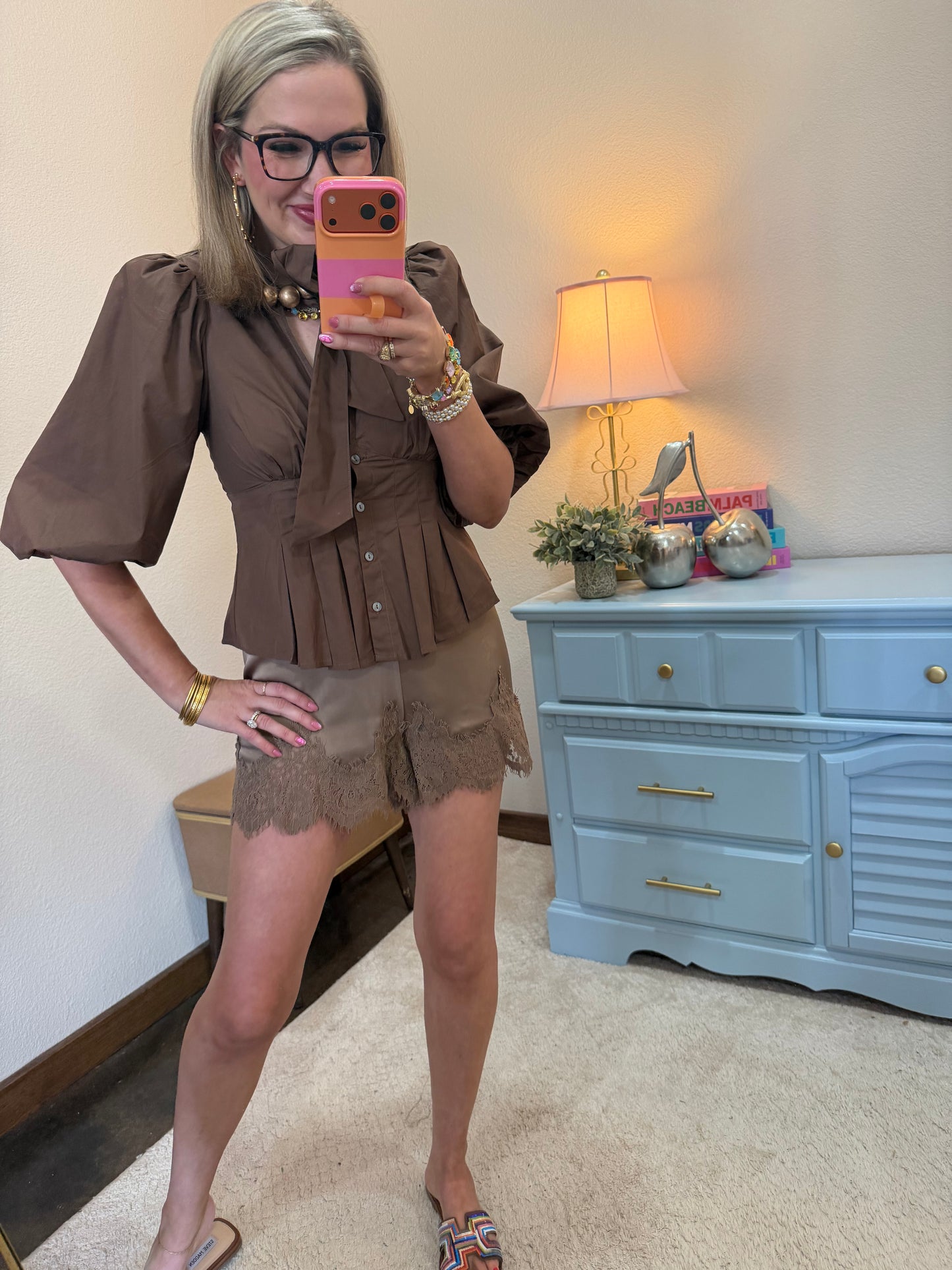 Brown High Neck With Bow Pleated Top