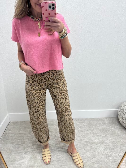 Risen High Rise Crop Leopard Barrel Jeans