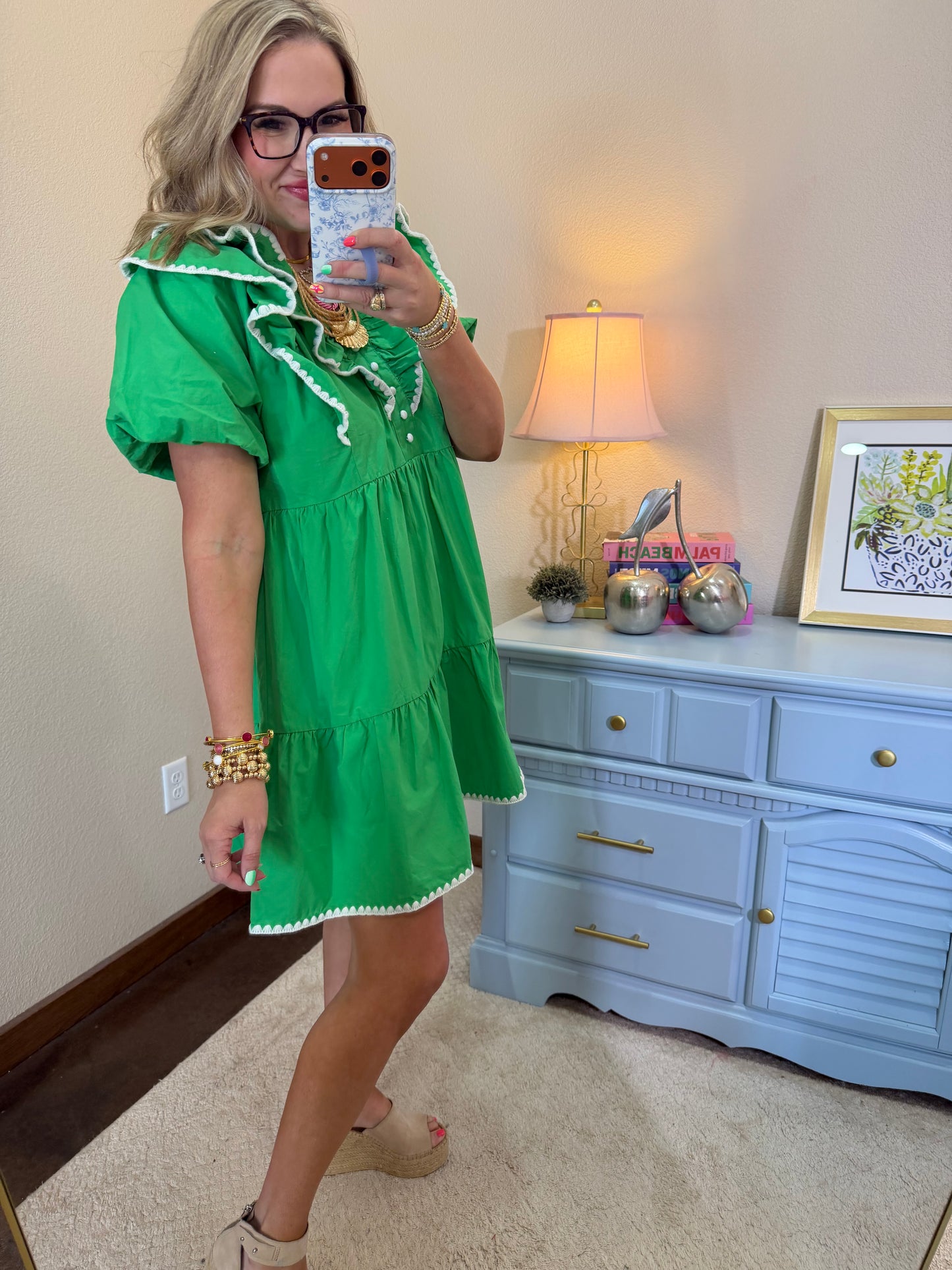 Green Ruffle Trim Babydoll Dress