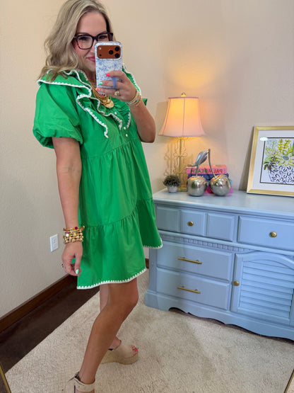 Green Ruffle Trim Babydoll Dress