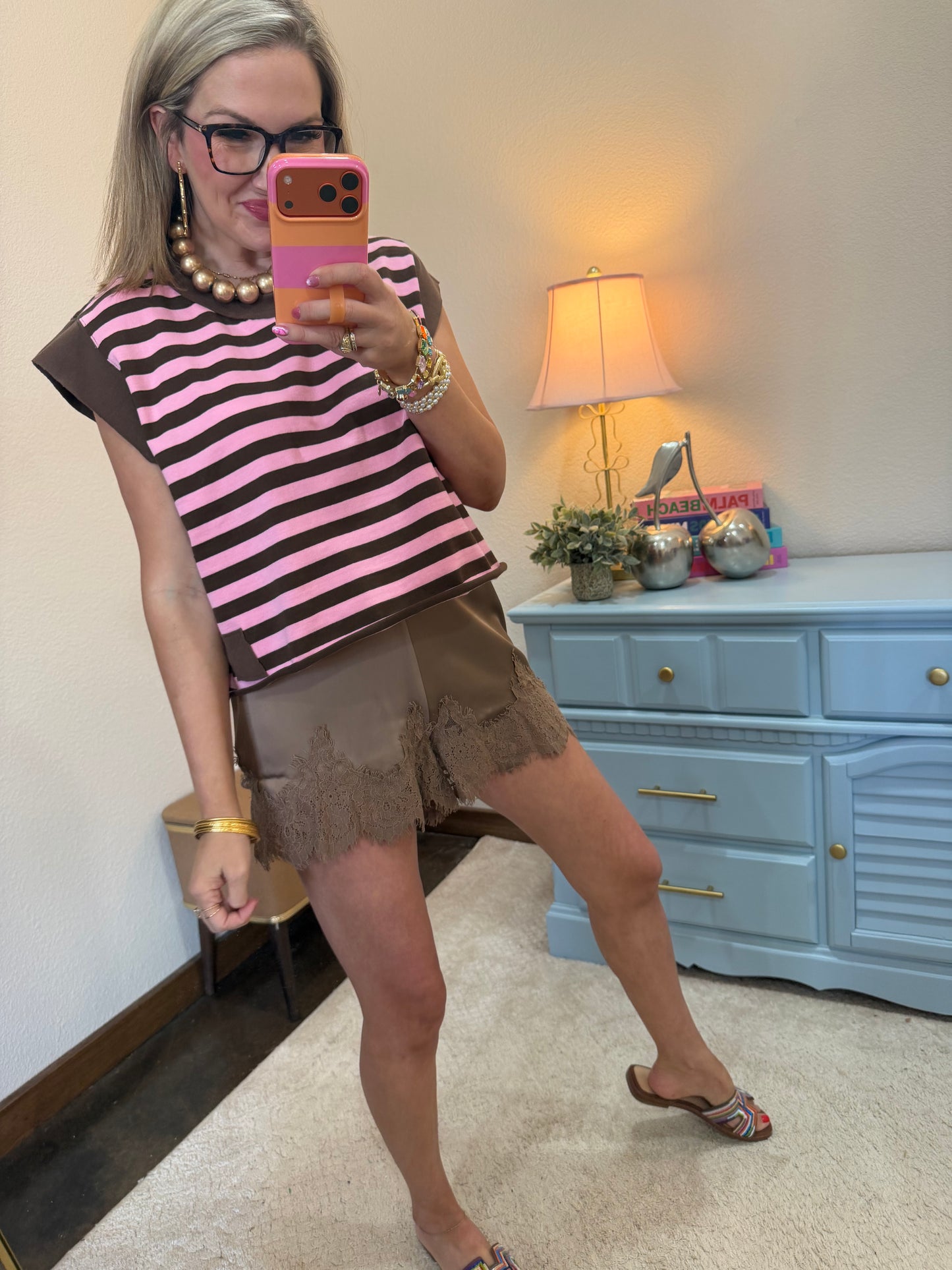 Mocha Satin Shorts With Lace Trim Detail