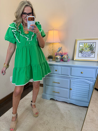 Green Ruffle Trim Babydoll Dress