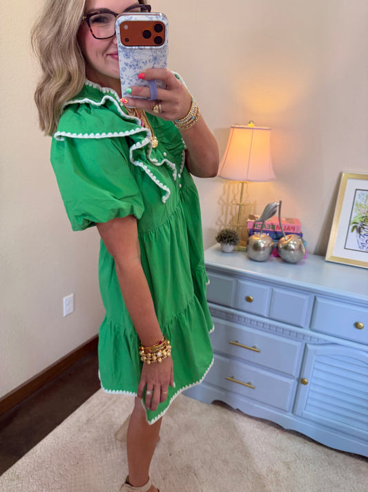 Green Ruffle Trim Babydoll Dress