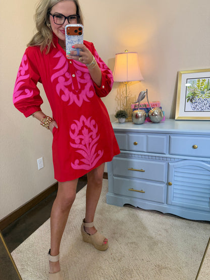 Red & Pink Baroque Floral Applique Shift Dress
