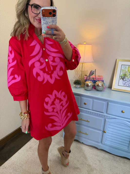 Red & Pink Baroque Floral Applique Shift Dress