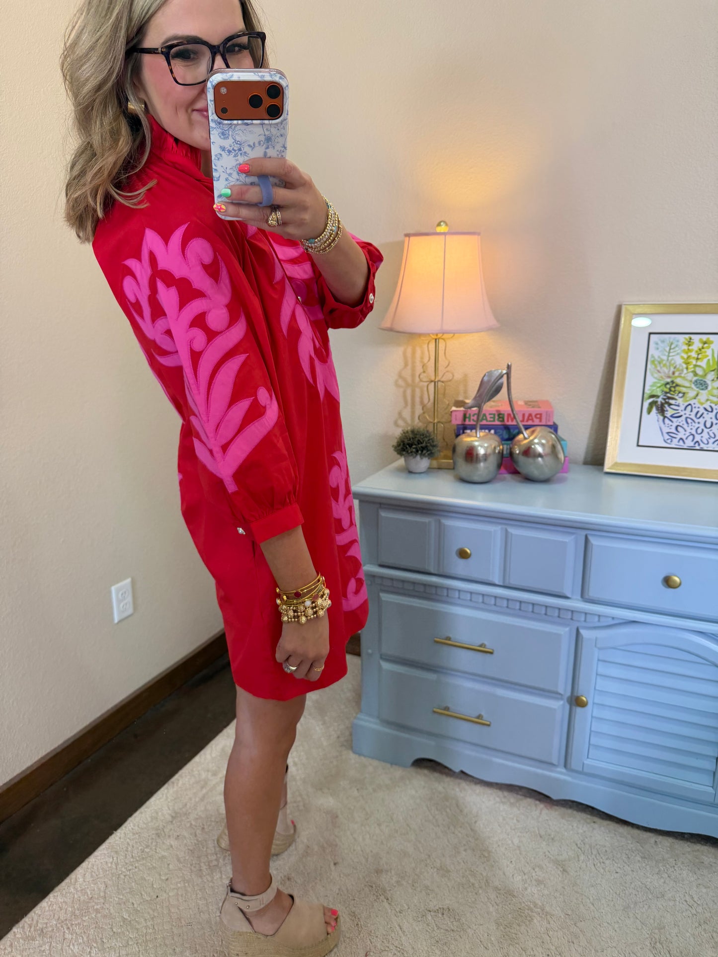 Red & Pink Baroque Floral Applique Shift Dress