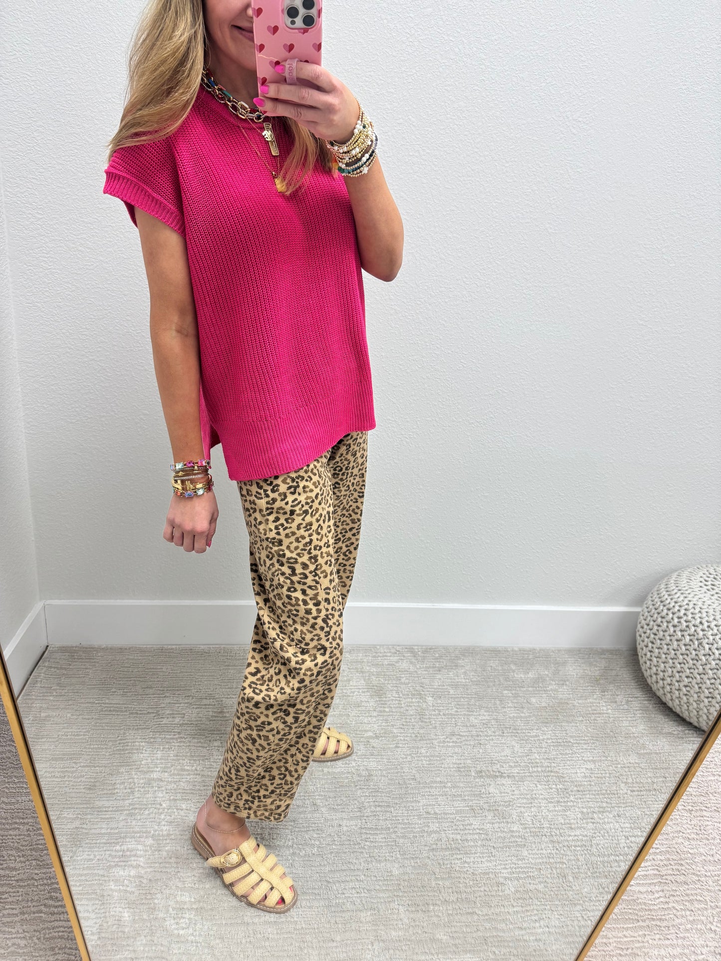 Hot Pink Knit Short Sleeve Top FS