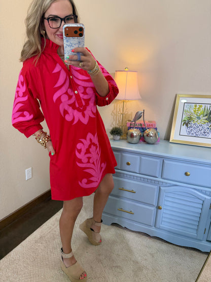 Red & Pink Baroque Floral Applique Shift Dress