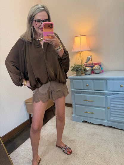 Brown Balloon Pleated Detail Bomber Jacket