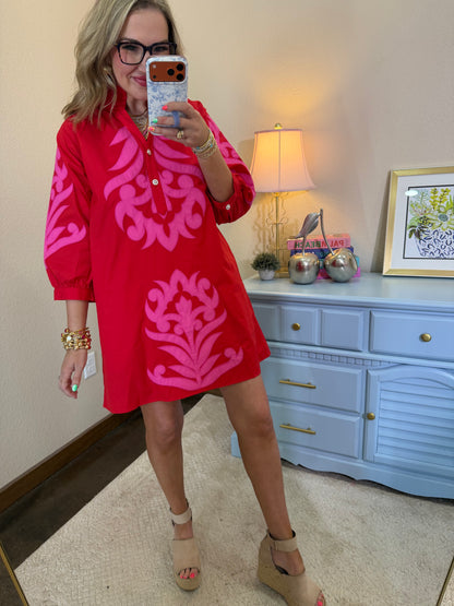 Red & Pink Baroque Floral Applique Shift Dress
