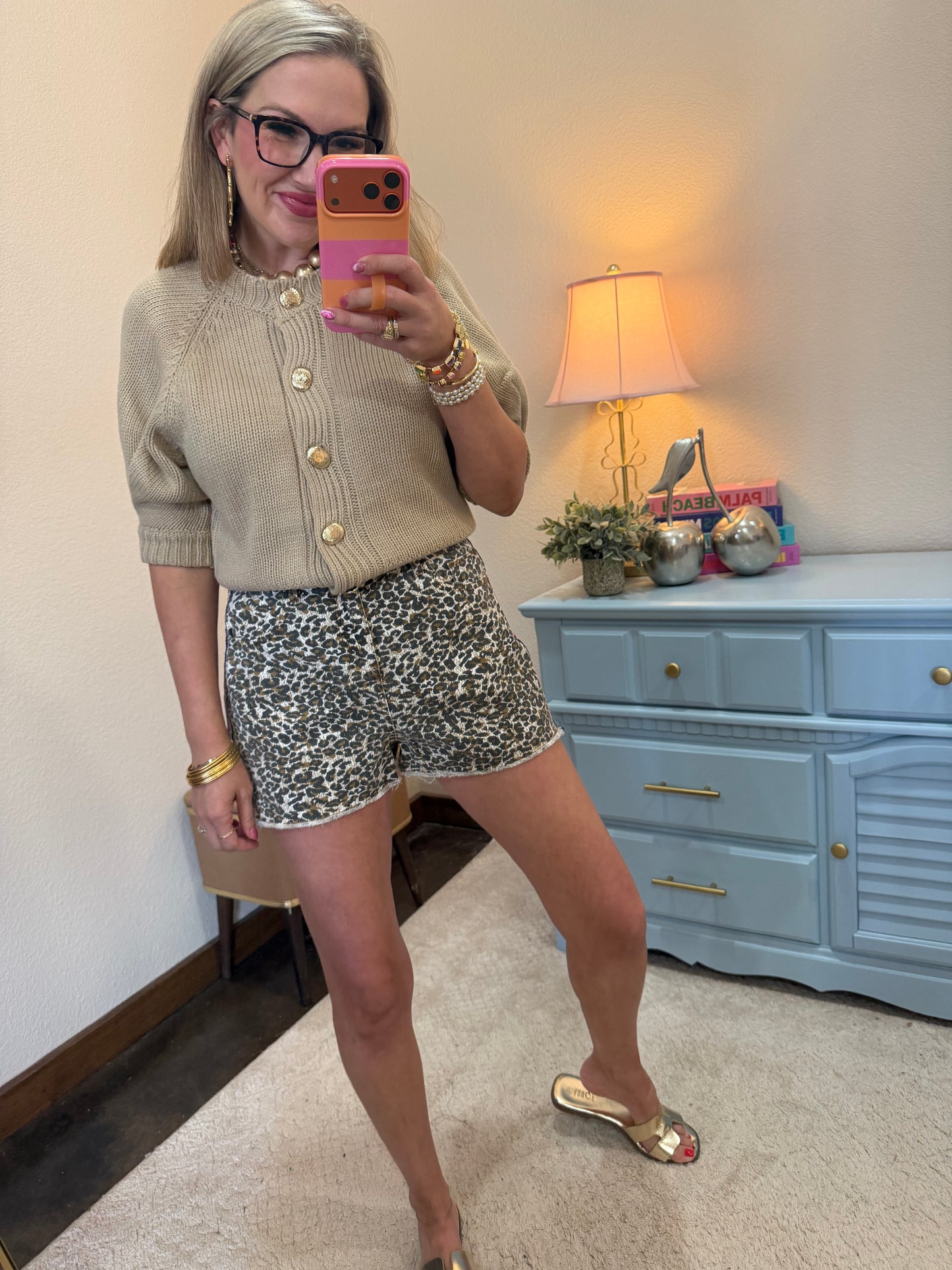 Beige Round Neck Puff Sleeve Front Button Cardigan