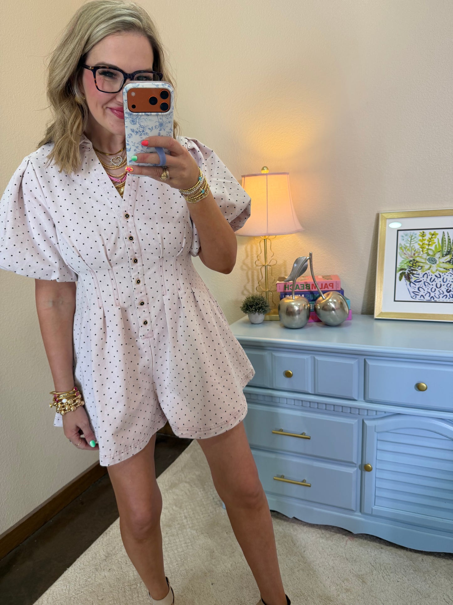Light Pink Mineral Washed Polka Dot Pleated Shirt Romper