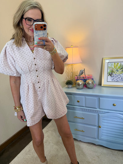 Light Pink Mineral Washed Polka Dot Pleated Shirt Romper