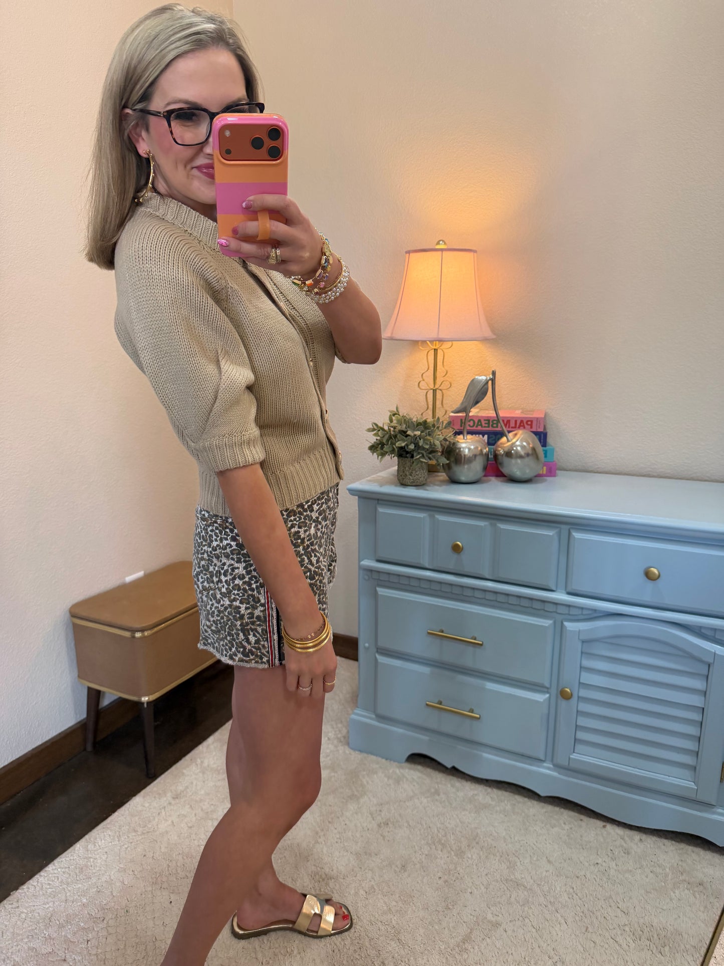 Beige Round Neck Puff Sleeve Front Button Cardigan