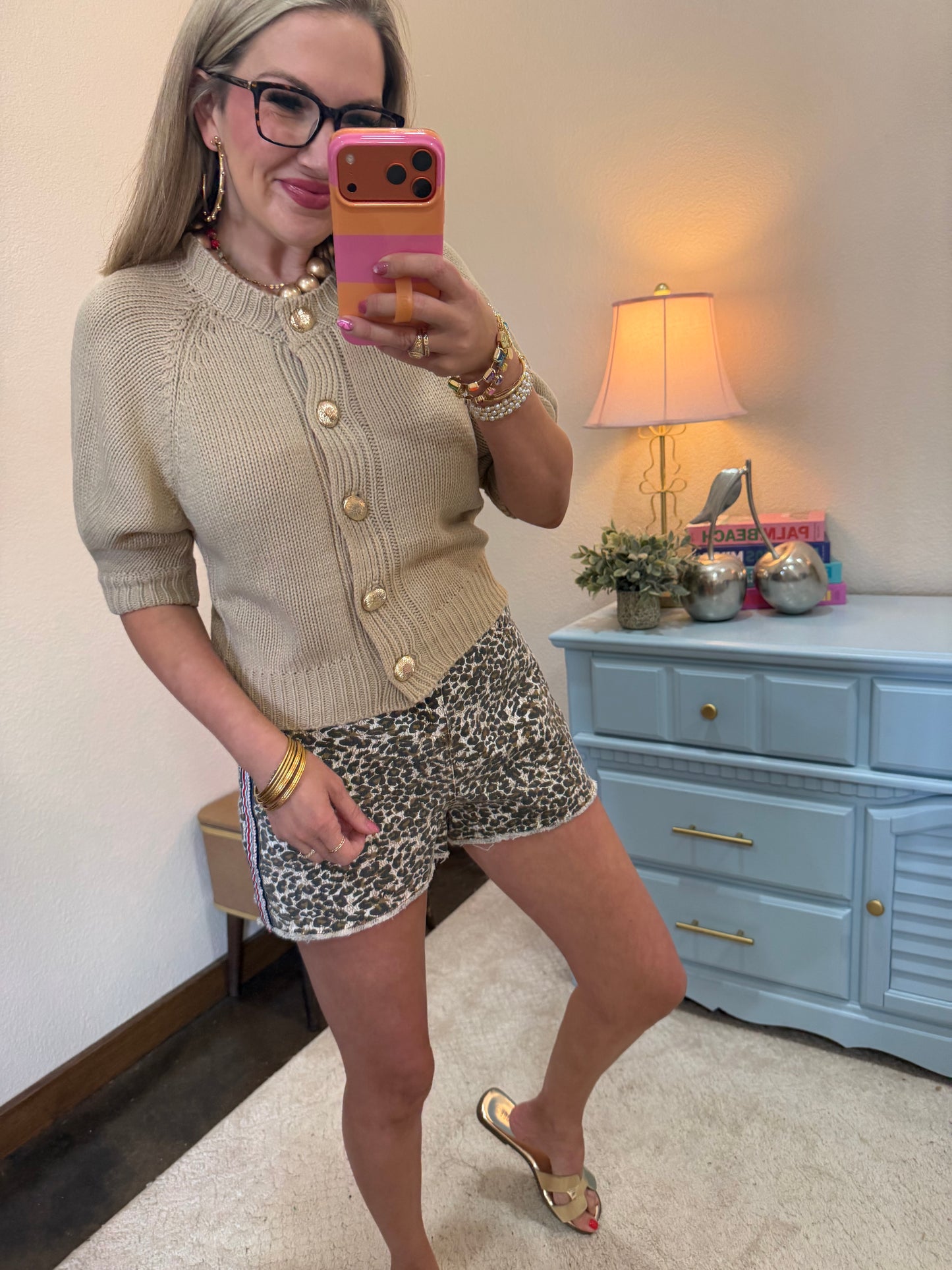 Beige Round Neck Puff Sleeve Front Button Cardigan