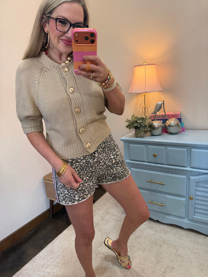 Beige Round Neck Puff Sleeve Front Button Cardigan