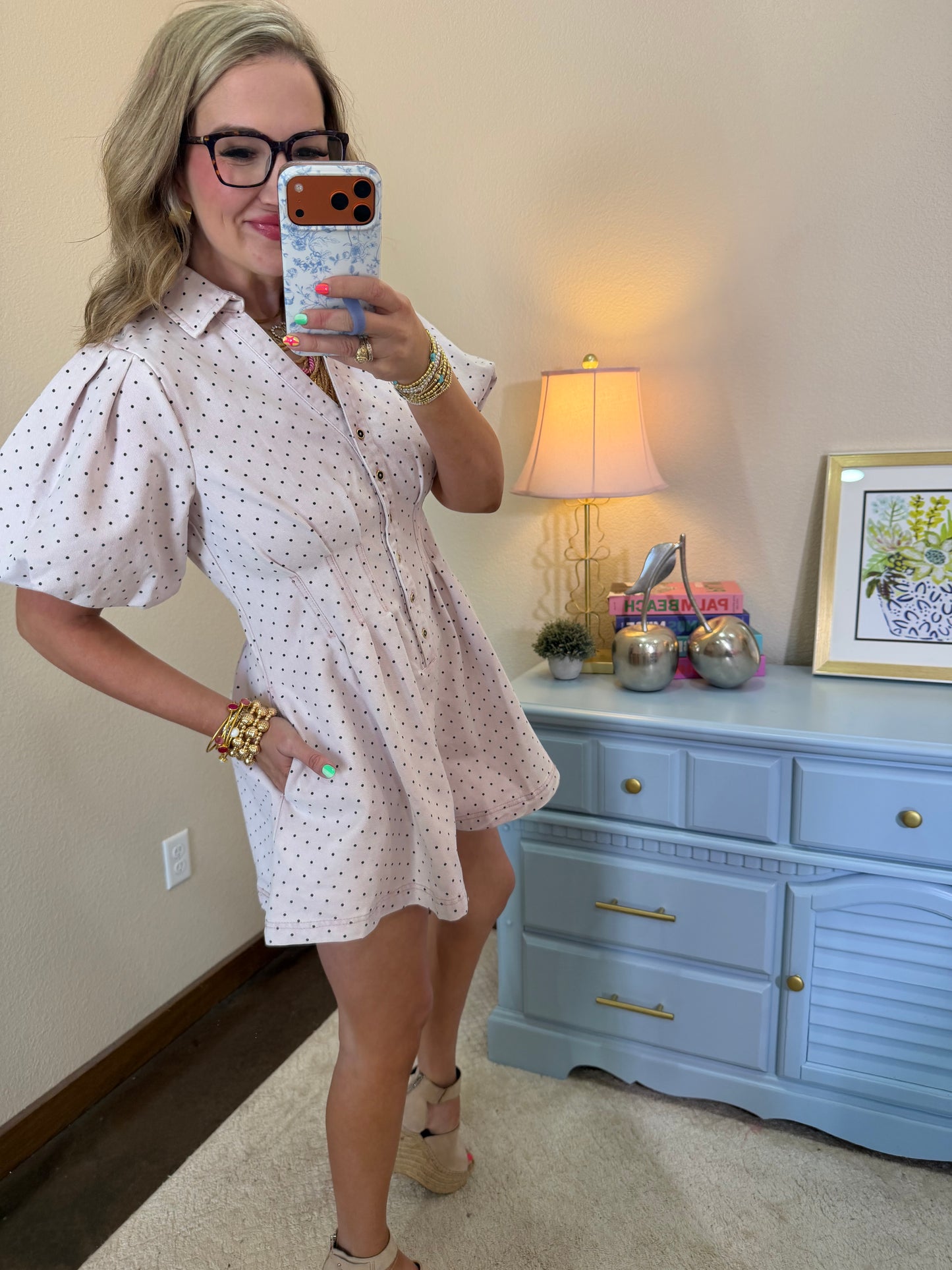 Light Pink Mineral Washed Polka Dot Pleated Shirt Romper