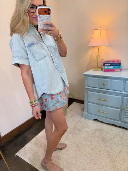 Light Denim Floral Shorts