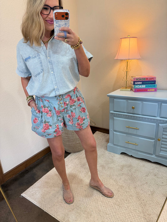 Light Denim Floral Shorts